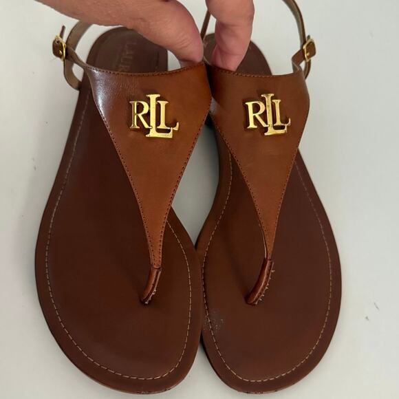 LAUREN RALPH LAUREN Ellington Brown Thong Flat Sandal Monogram Logo 9.5 - Picture 4 of 12
